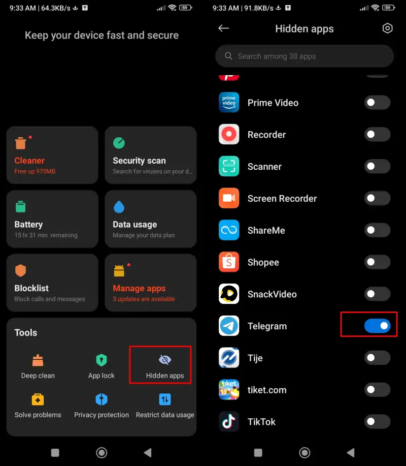 Select Apps to Hide Redmi Note 11